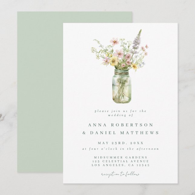 Invitación Boda de frasco de albañil con flores silvestres (Anverso / Reverso)