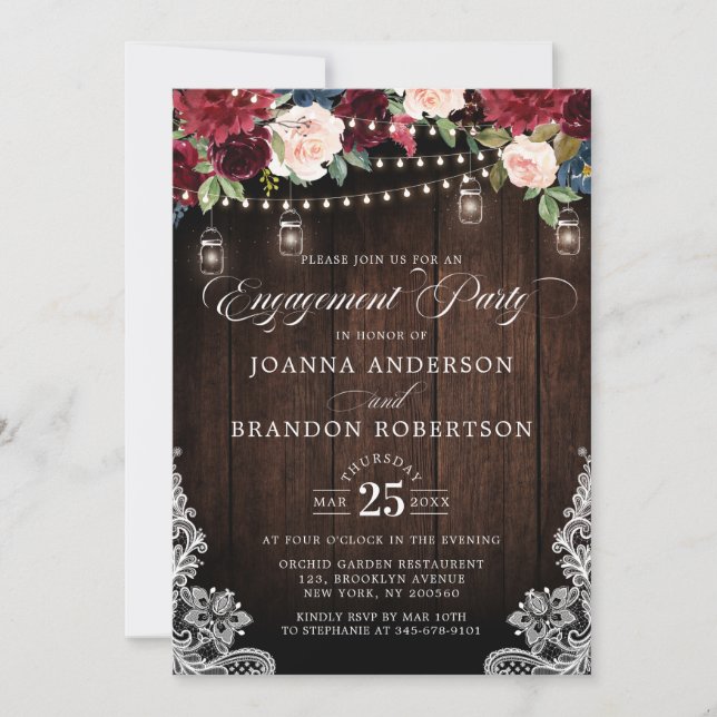 Invitación Boda de frasco de albañil floral de madera rústica (Anverso)