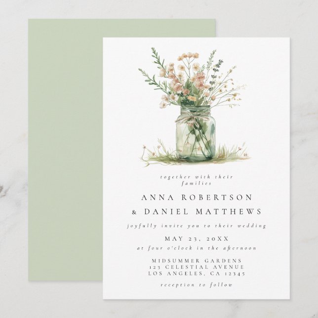 Invitación Boda de frasco de Mason floral rústico (Anverso / Reverso)