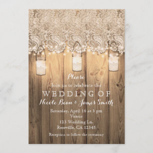 Invitación Boda de frascos de albañil iluminados y encaje de