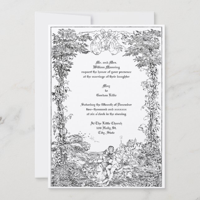 Invitación Boda de frontera de la pareja del castillo de Vict (Anverso)