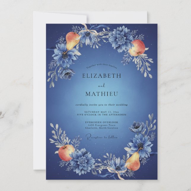 Invitación Boda de Fruta de Eucalipto Cobalto Melocotón (Anverso)