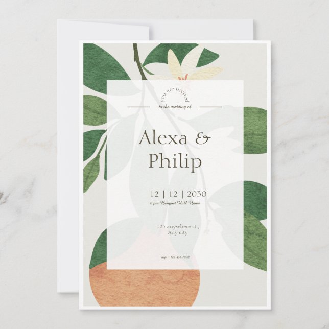 Invitación Boda de frutas verde y Naranja (Anverso)