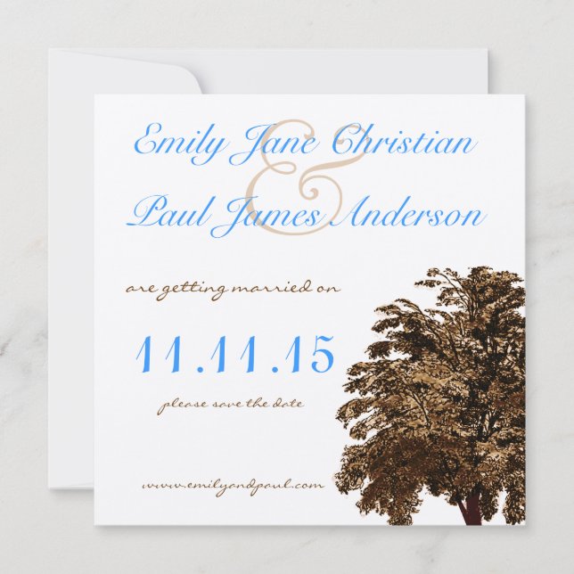 Invitación Boda de fuentes azules de Aqua Tree Marrón Guardar (Anverso)