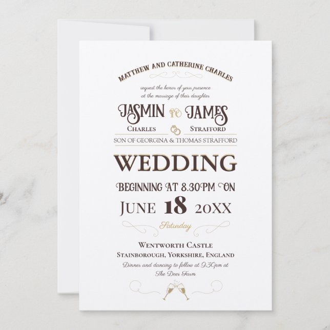 Invitación Boda de fuentes de champagne Shimmer Heritage (Anverso)