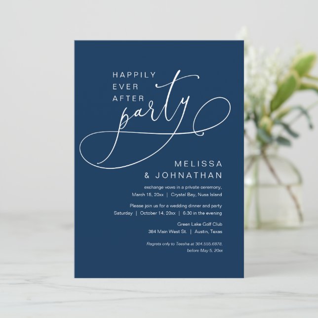 Invitación Boda de fuga feliz para siempre Fiesta Navy En (Anverso de pie)
