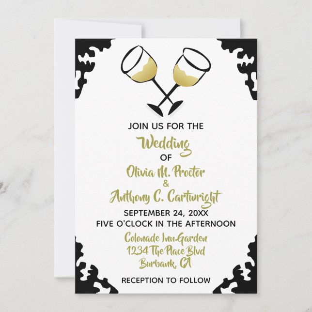 Invitación Boda de gafas de champán blanco y oro (Anverso)