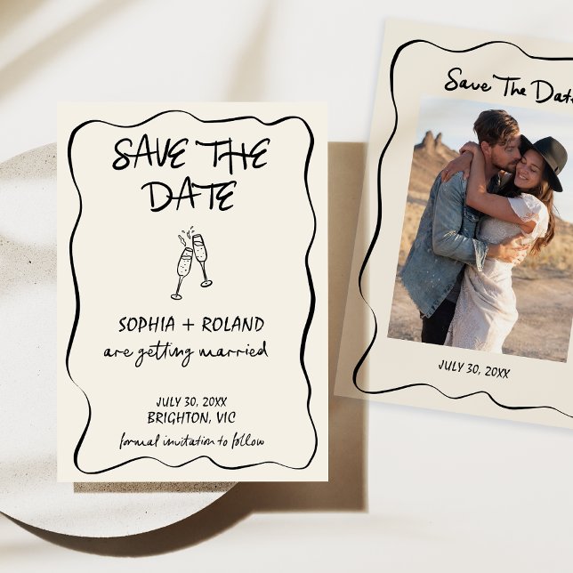 Invitación Boda de gafas de tracción caprichosa guardar la ta (Whimsical Hand Drawn illustration Save The Date Card, Couples Photo, Champagne Glasses Illustration)