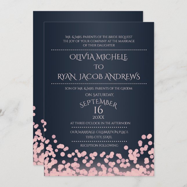 Invitación Boda de gala de confetti de esparkle rosado y nava (Anverso / Reverso)