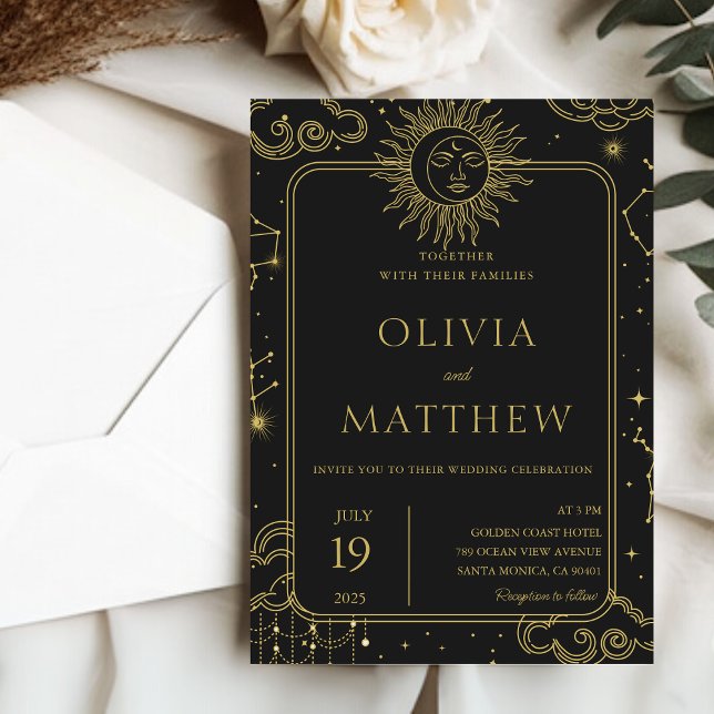 Invitación Boda de galaxia de Estrellas de Luna Mística Celes (Celestial Mystical Moon Stars Galaxy Wedding Invitation)