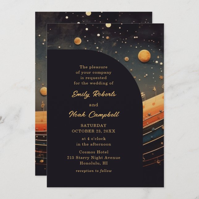 Invitación Boda de galaxia de la Luna Musical Celeste moderna (Anverso / Reverso)