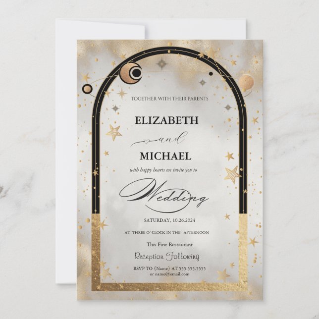 Invitación Boda de Galaxia Luna de Estrella de Oro Celestial (Anverso)
