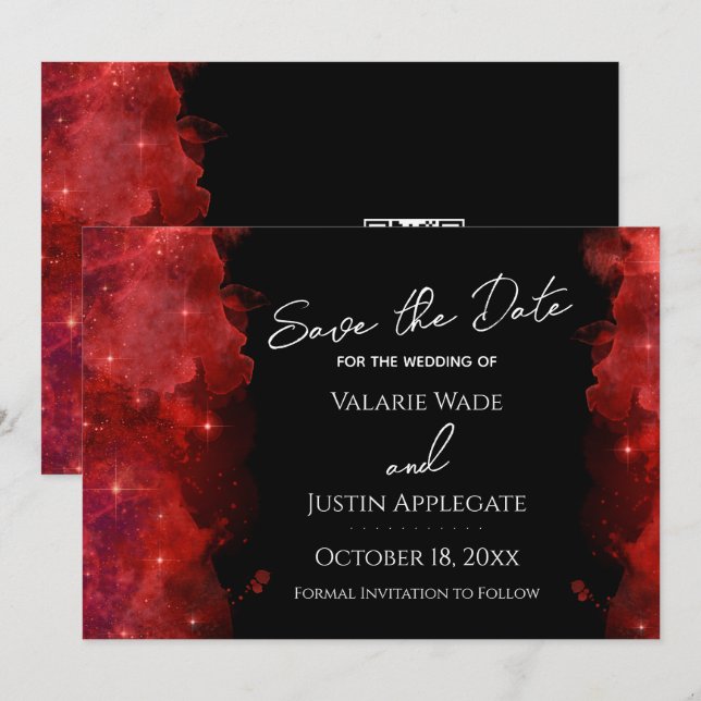Invitación Boda de Galaxy de Tinta Alcohólica Roja Save the D (Anverso / Reverso)
