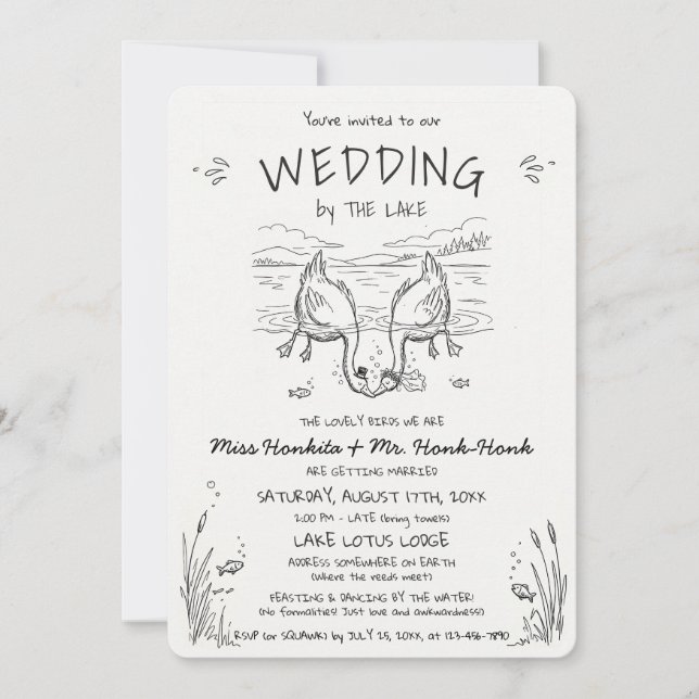 Invitación Boda de gansos besándose junto al lago Boda (Anverso)
