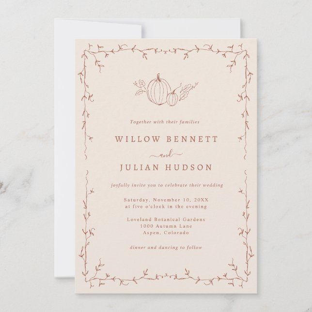 Invitación Boda de garabato de calabaza de otoño (Anverso)
