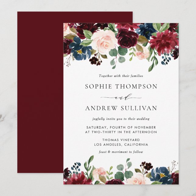 Invitación Boda de Garland Floral Azul y Borgoña (Anverso / Reverso)