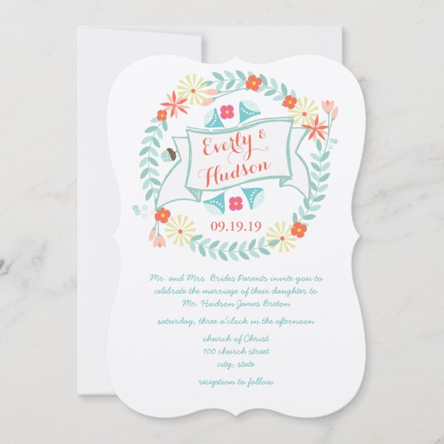 Invitación Boda de Garland verde y rosa personalizado (Anverso)