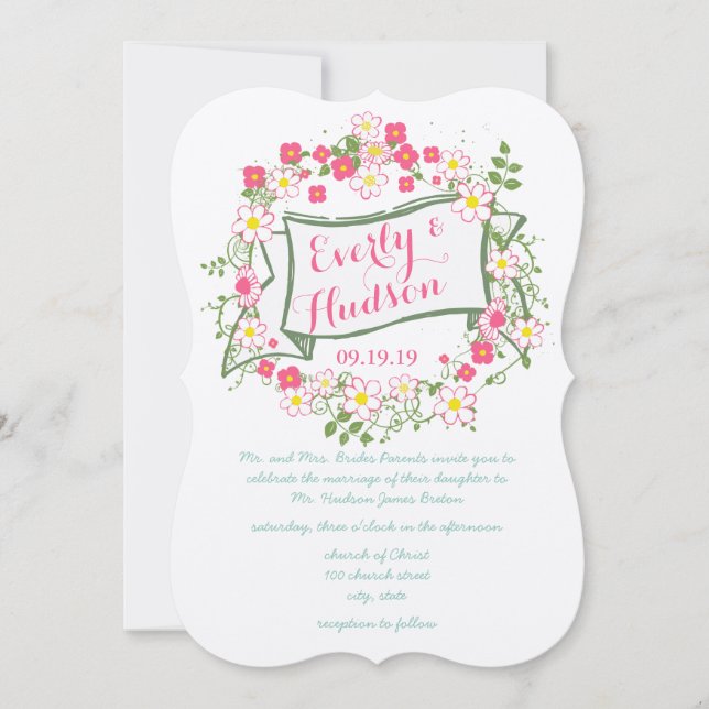 Invitación Boda de Garland verde y rosa personalizado (Anverso)