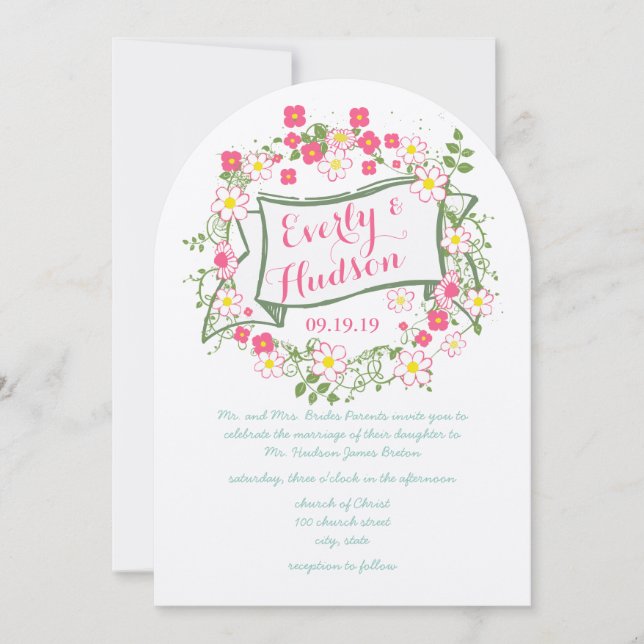 Invitación Boda de Garland verde y rosa personalizado (Anverso)
