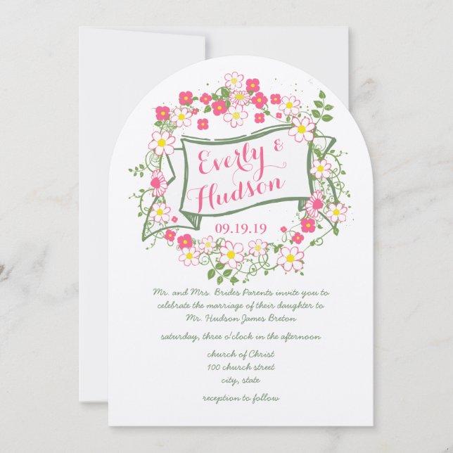Invitación Boda de Garland verde y rosa personalizado (Anverso)