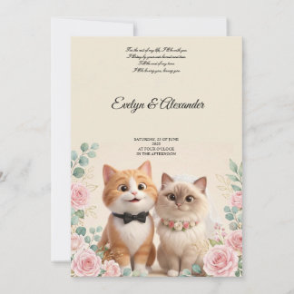 Invitación Boda de Gato 3D Lindo Novia y Novio Crema
