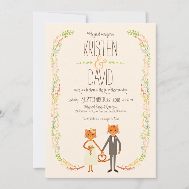 Invitación Boda de Gatos Forestales Whimsical (Crema) (Anverso)