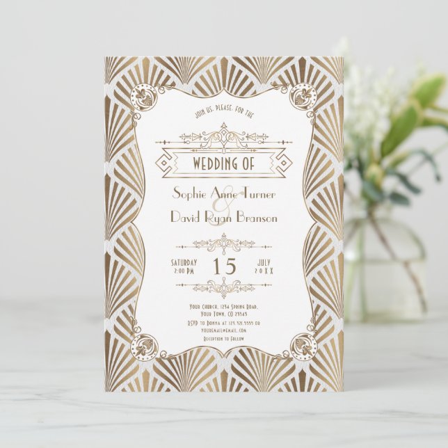 Invitación Boda de Gatsby Blanco de los años 20 (Anverso de pie)