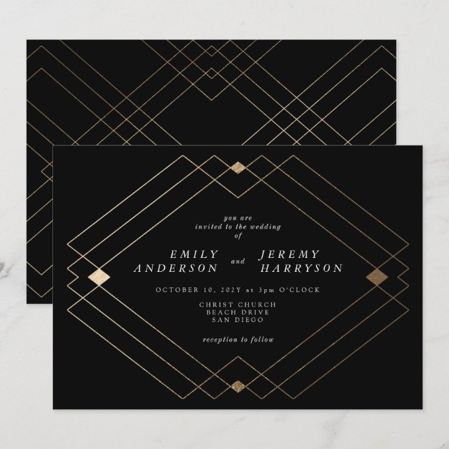 Invitación Boda de gatsby de deco geométrico de diamante negr (Anverso / Reverso)