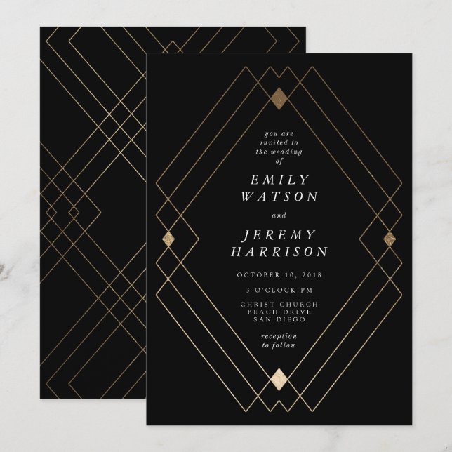 Invitación Boda de gatsby de deco geométrico de diamante negr (Anverso / Reverso)