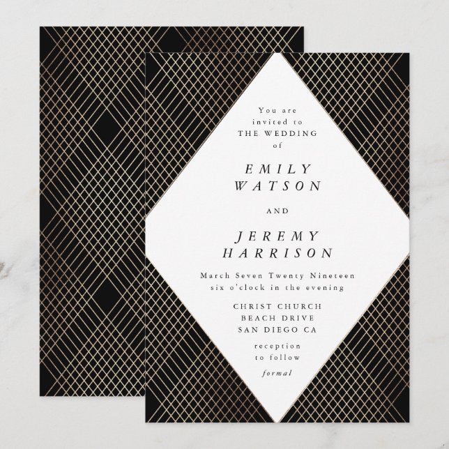 Invitación Boda de Gatsby de oro de deco negro geométrico de  (Anverso / Reverso)