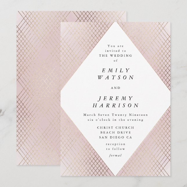 Invitación Boda de Gatsby de oro de deco rosado geométrico de (Anverso / Reverso)