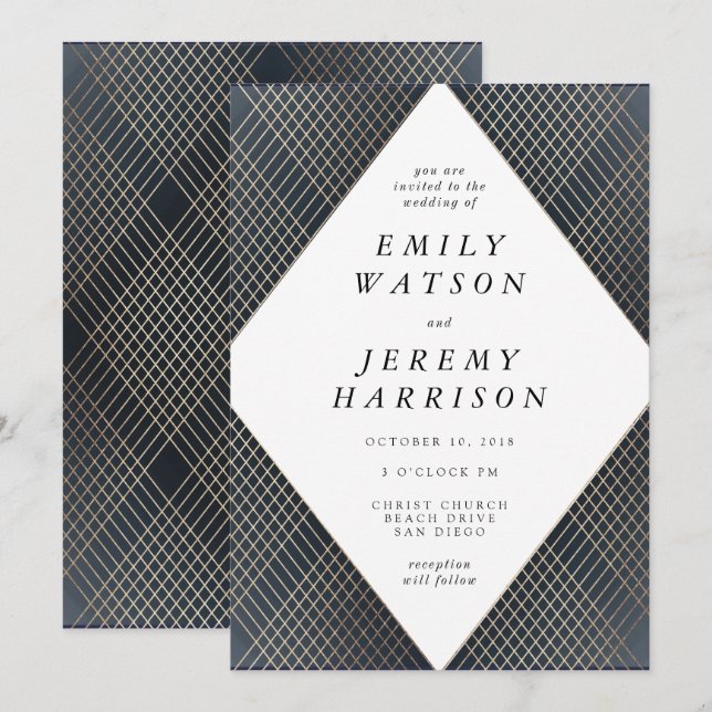 Invitación Boda de Gatsby de oro de la Marina Geométrica del  (Anverso / Reverso)
