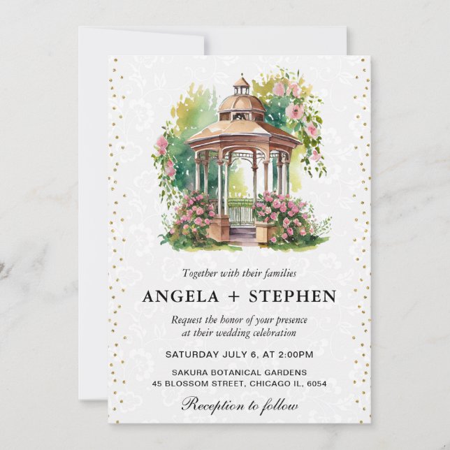 Invitación Boda de Gazebo de Jardín de Primavera en Acuarela (Anverso)