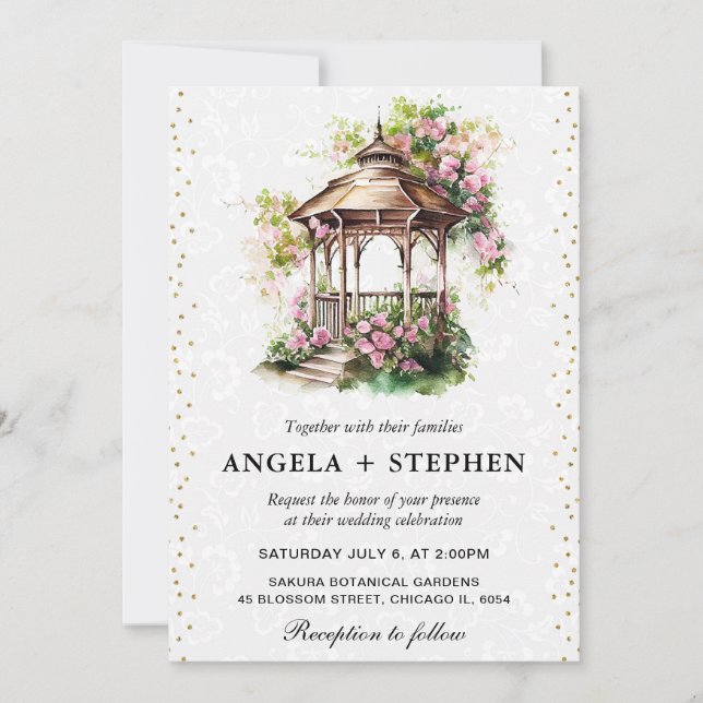 Invitación Boda de Gazebo de Jardín de Primavera en Acuarela (Anverso)