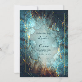 Invitación Boda de Geoda Daurada Turquesa Verde Abstracta