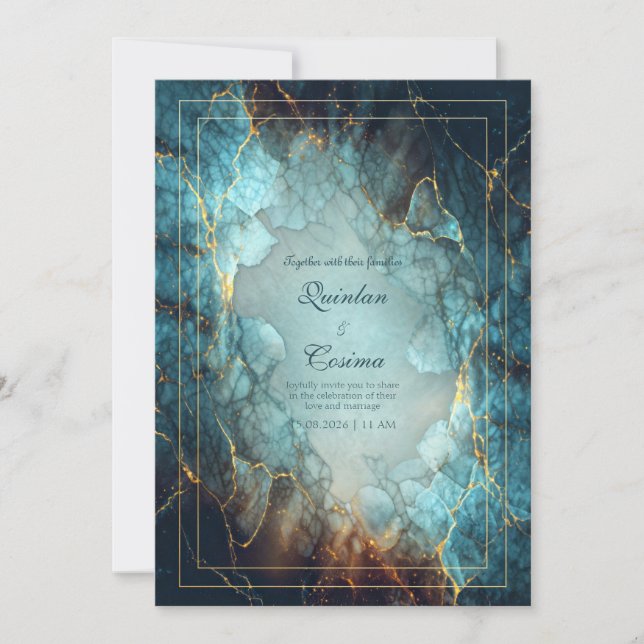 Invitación Boda de Geoda Daurada Turquesa Verde Abstracta (Anverso)