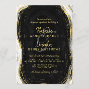 Invitación Boda de geoda de ágata en negro blanco y dorado