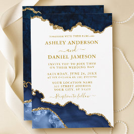 Invitación Boda de Geode de Marble de Oro Azul Azul