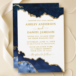 Invitación Boda de Geode de Marble de Oro Azul Azul