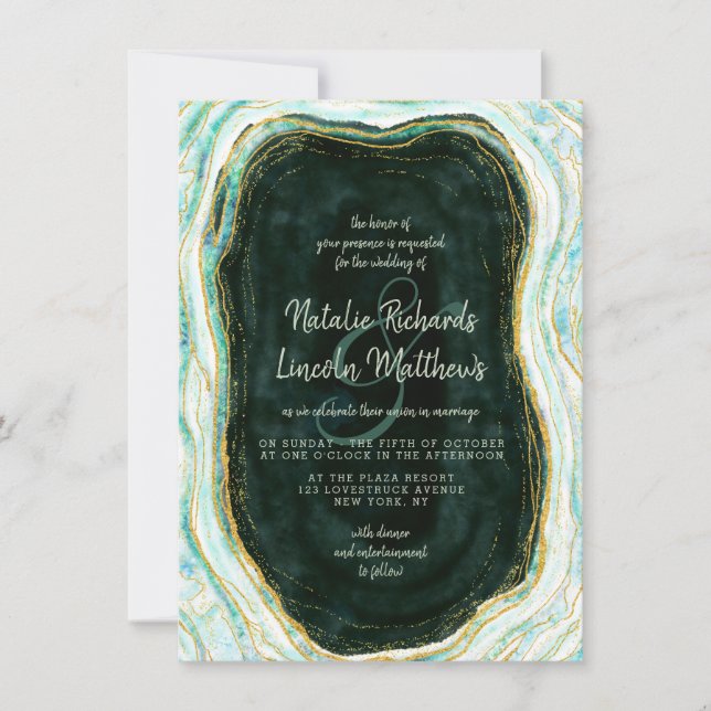 Invitación Boda de Geode de Mármol Verde y Oro verde azulado (Anverso)