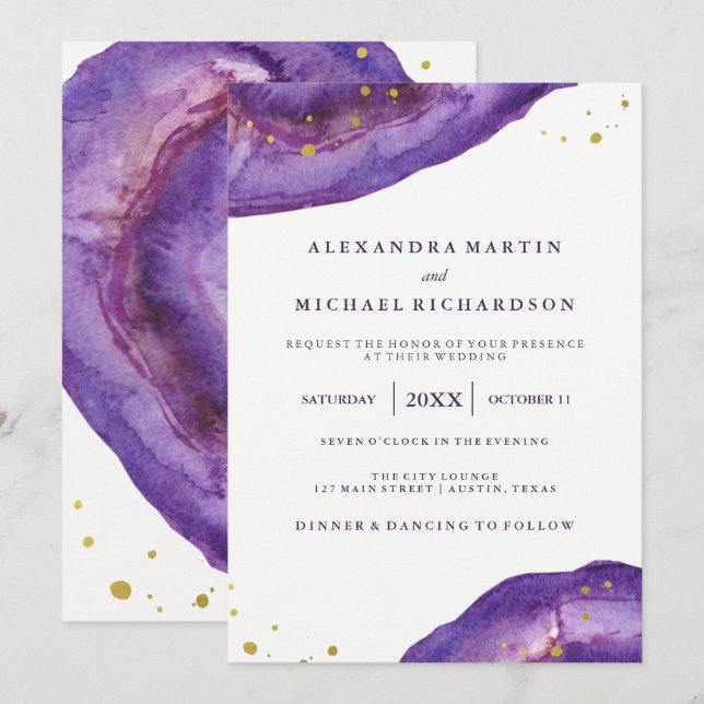 Invitación Boda de Geode II Púrpura y Oro de Acuarela (Anverso / Reverso)