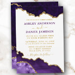 Invitación Boda de Geode Marble de oro violeta púrpura de col<br><div class="desc">Moderna y elegante acuarela Púrpura y Dorada Agate Geode Wedding Tarjeta de invitación - fondo blanco con guión dorado</div>