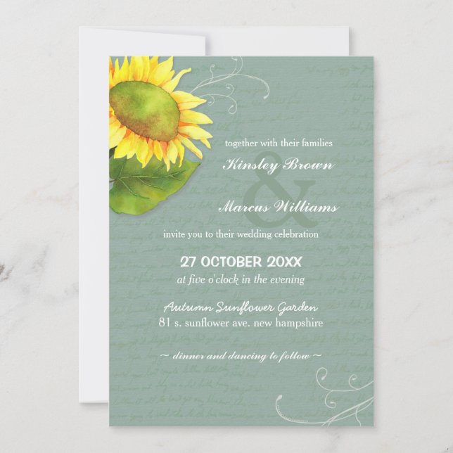 Invitación Boda de girasol amarillo jade gris (Anverso)