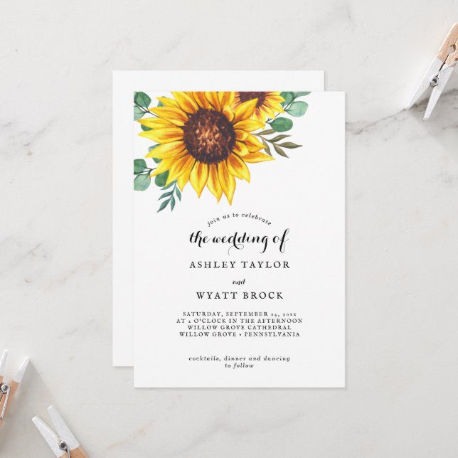 Invitación Boda de girasol amarillo moderno (Anverso/Reverso In Situ)