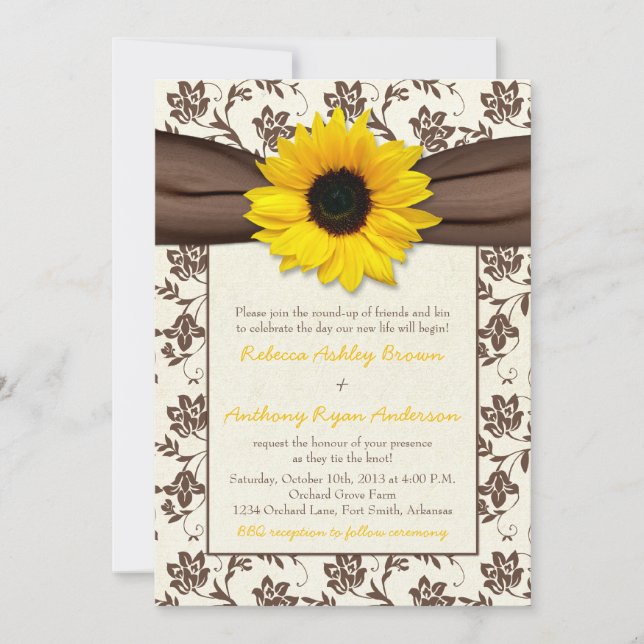 Invitación Boda de girasol amarillo pardo Damask (Anverso)