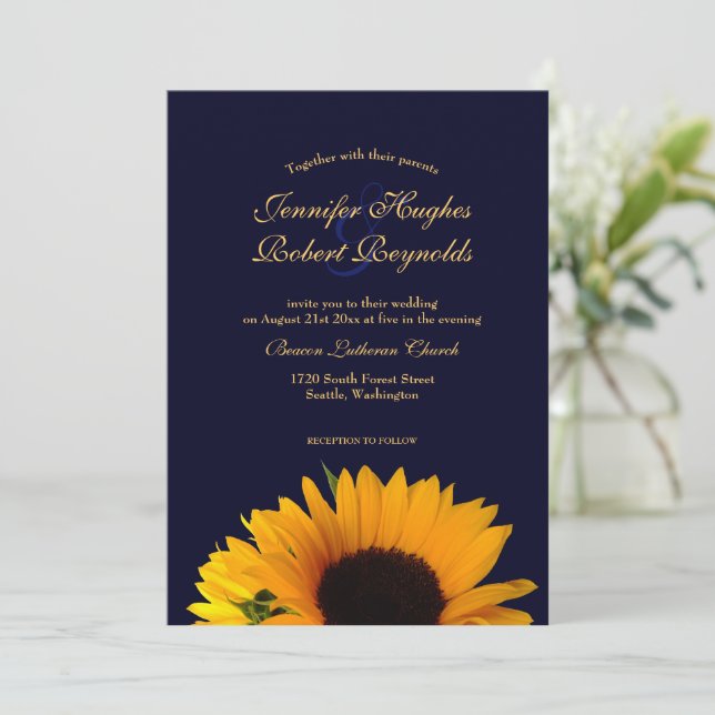 Invitación Boda de girasol azul de la marina alegre y elegant (Anverso de pie)