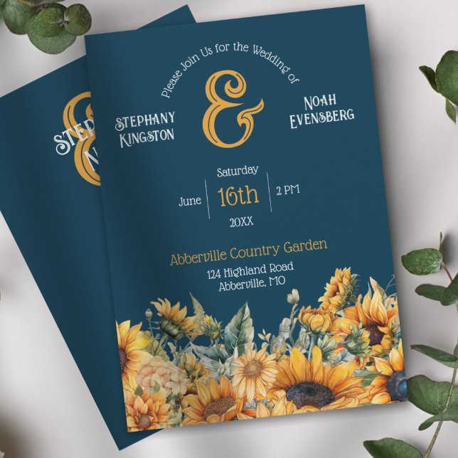 Invitación Boda de girasol azul de la Marina Rusa (Elegant Navy Blue Rustic Sunflower and Ampersand Wedding Invitation)