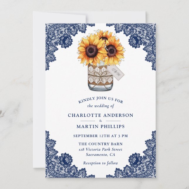 Invitación Boda de girasol azul de la Marina Rusa (Anverso)