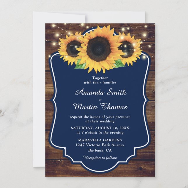 Invitación Boda de girasol azul de la Marina Rusa de Madera (Anverso)