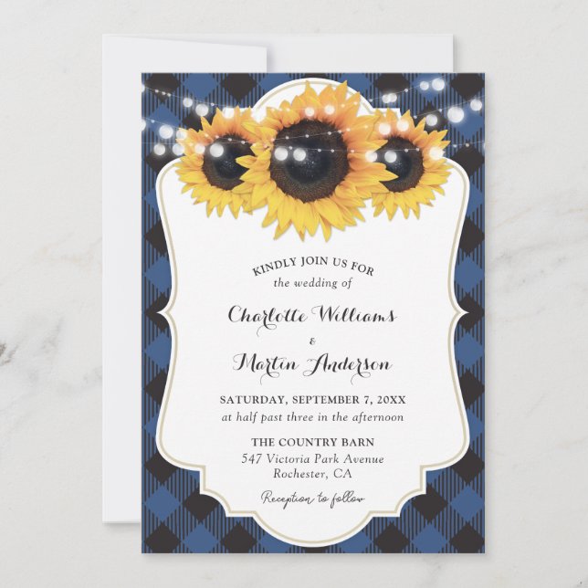 Invitación Boda de girasol azul en búfalo (Anverso)